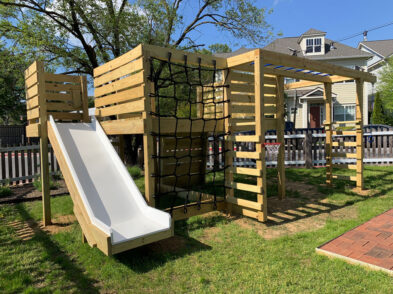 Jungle Gym for kids with slide, climbing net, basketball hoop, monkey bars