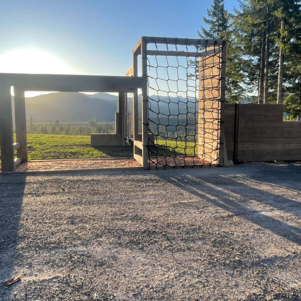 Outside gym made out of wood with ropes and cargo net to climb on.